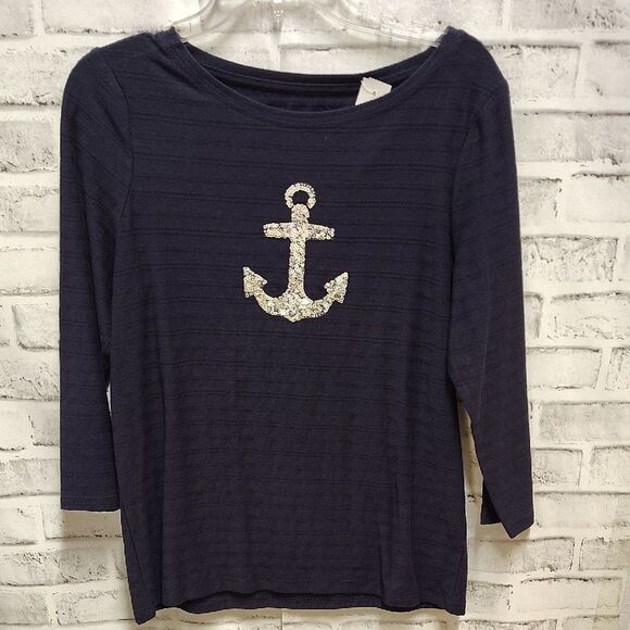 Talbots Blue 3/4 Sleeve Blouse with Nautical Anchor - Picture 1 of 3